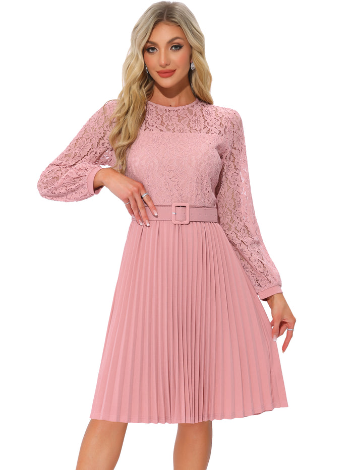 Allegra K Lace Long Sleeves Belted Pleated Midi Dress