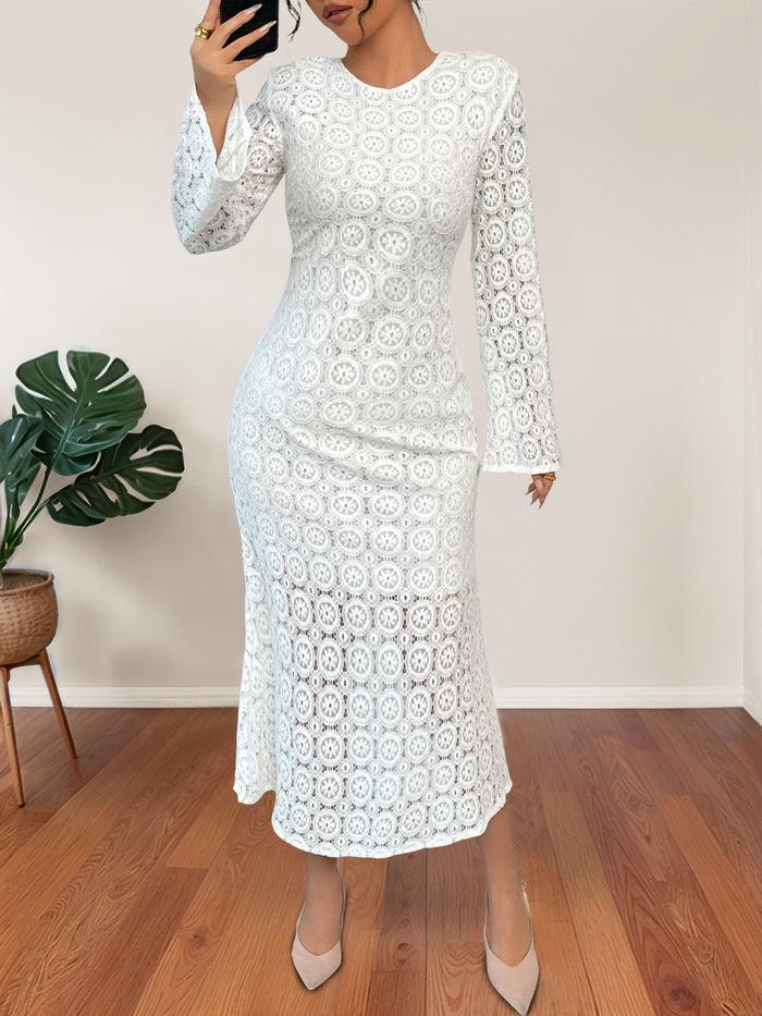 Allegra K Lace Long Sleeves Bodycon Fishtail Midi Dress