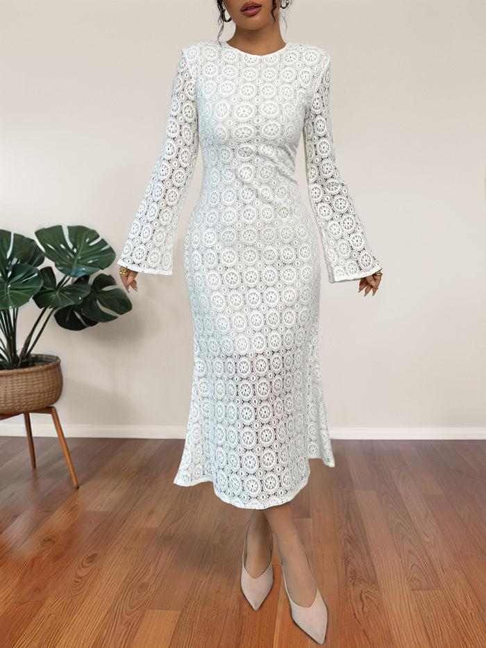 Allegra K Lace Long Sleeves Bodycon Fishtail Midi Dress