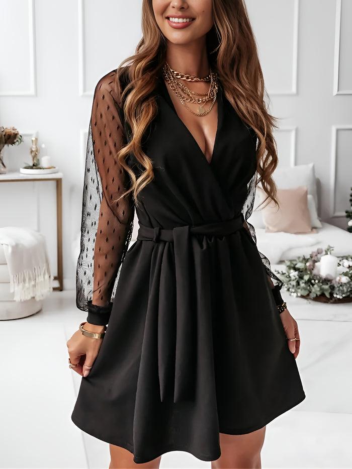 Allegra K Lace Long Sleeves Patchwork A-Line Belted Mini Dress