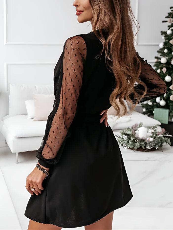 Allegra K Lace Long Sleeves Patchwork A-Line Belted Mini Dress