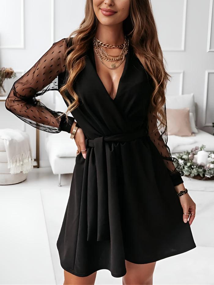 allegra k Lace Long Sleeves Patchwork A-Line Belted Mini Dress