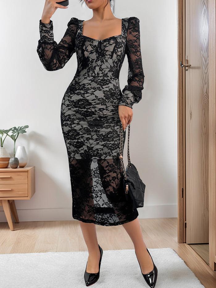 Allegra K Lace Puff Long Sleeves Bodycon Midi Dress
