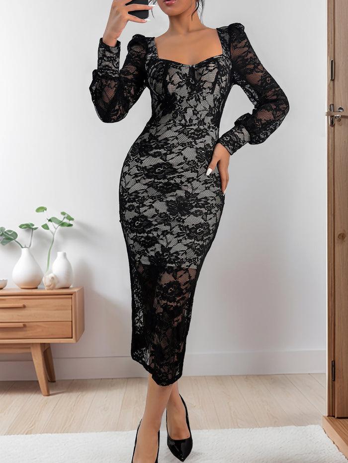 Allegra K Lace Puff Long Sleeves Bodycon Midi Dress