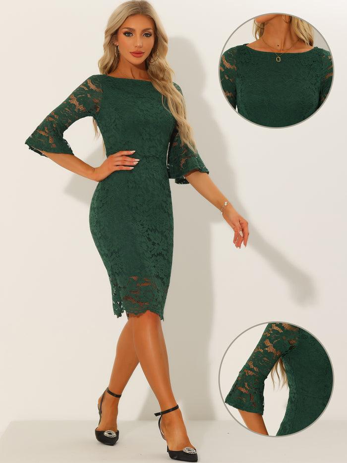 Allegra K Lace Sheath Boat Neck Bell Sleeve Vintage Cocktail Dress