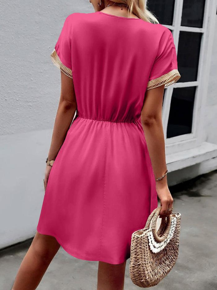 Allegra K Lace Tirm Bat Sleeve Satin Lace-Up Mini Dress