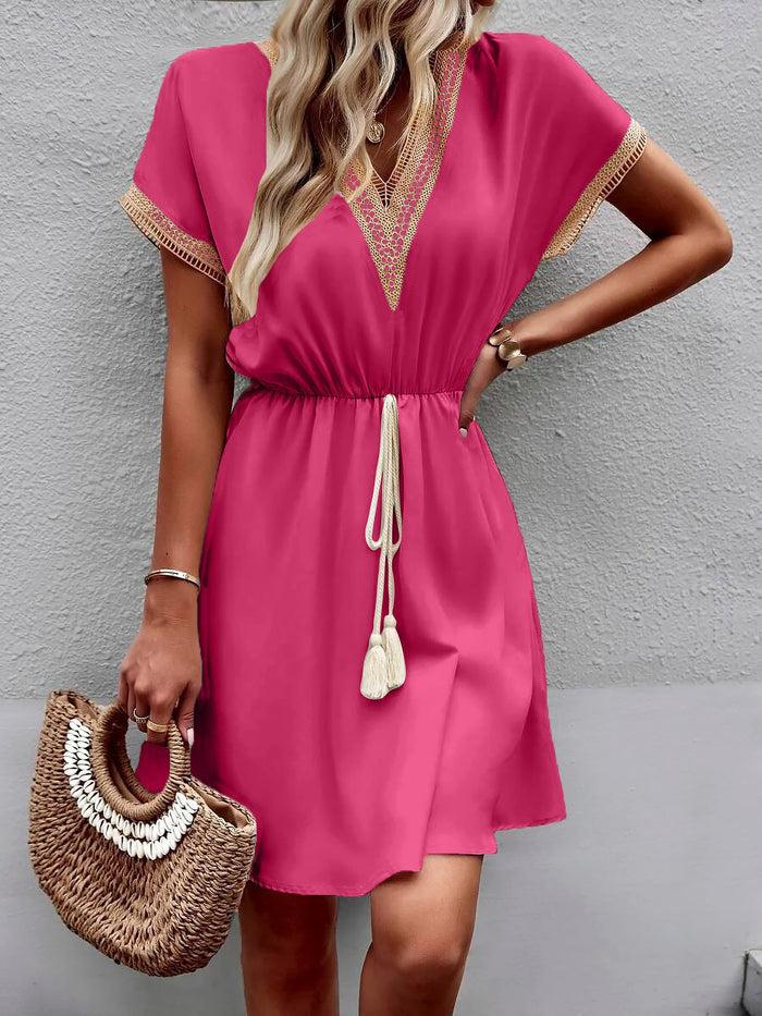 Allegra K Lace Tirm Bat Sleeve Satin Lace-Up Mini Dress