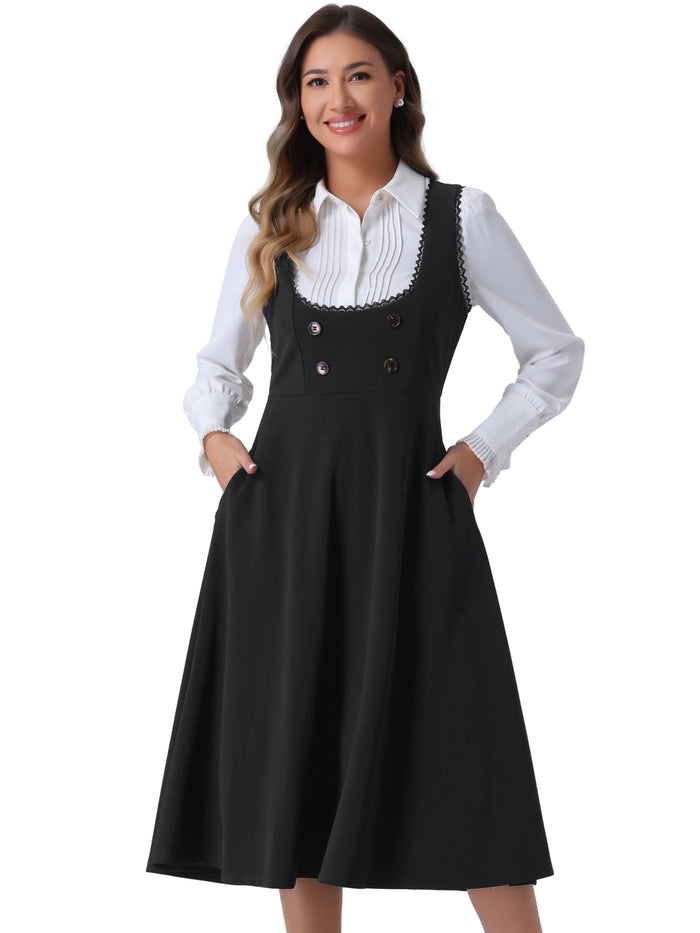 Allegra K Lace Trim Button Decor Pockets Overalls Midi Pinafore Dress