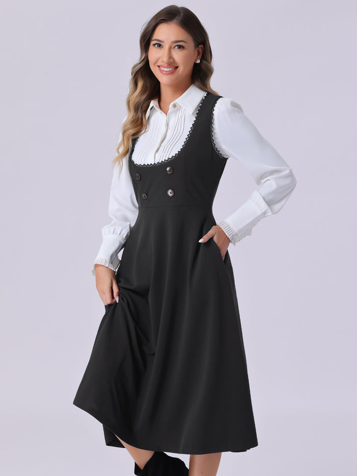 allegra k Lace Trim Button Decor Pockets Overalls Midi Pinafore Dress
