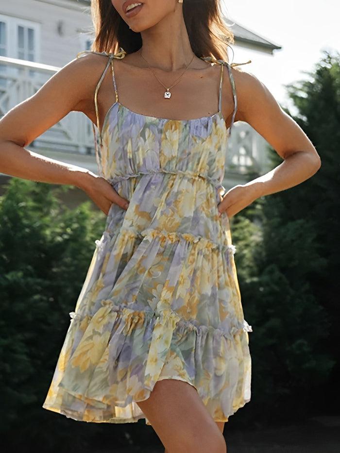 allegra k Lace-Up Spaghetti Straps Smocked Tiered Mini Dress