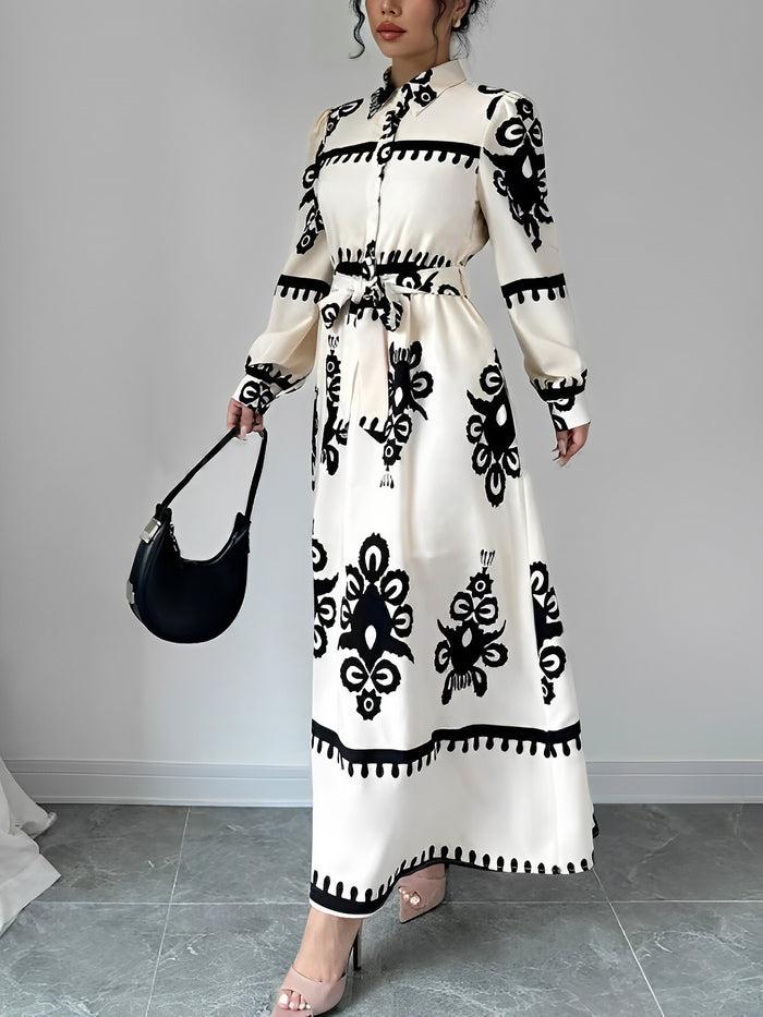 Allegra K Lantern Long Sleeve Collar Boho Print Maxi Dress