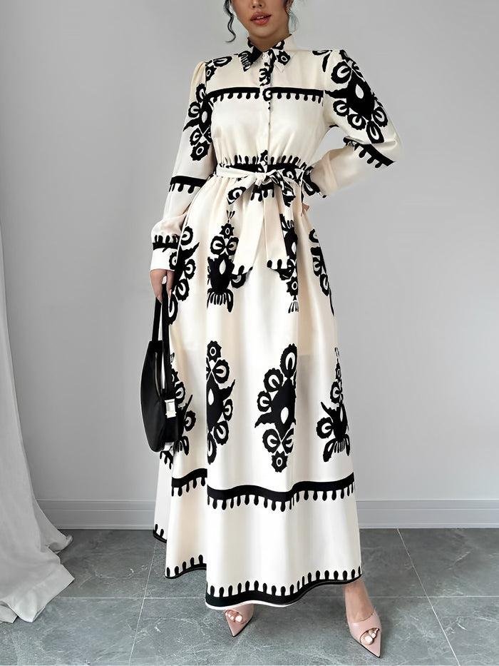 Allegra K Lantern Long Sleeve Collar Boho Print Maxi Dress