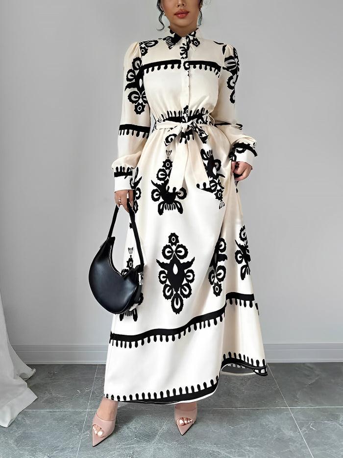 allegra k Lantern Long Sleeve Collar Boho Print Maxi Dress
