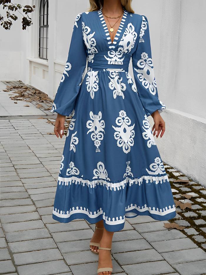 Allegra K Lantern Lonh Sleeve V Neck Boho Printed Maxi Dress