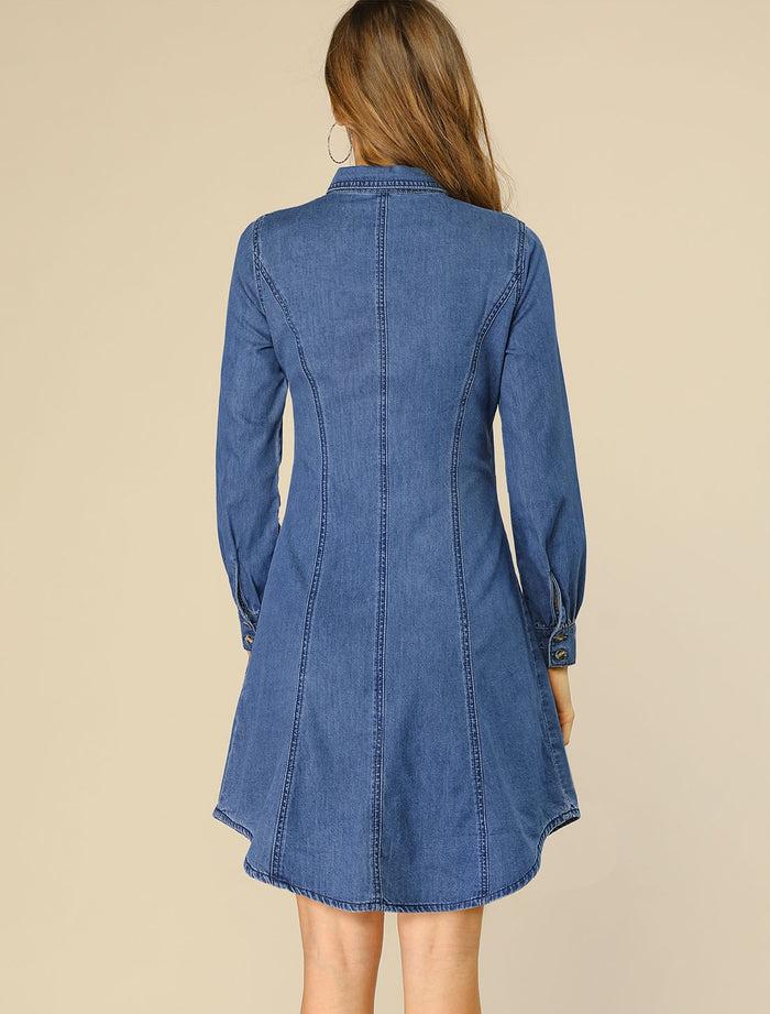 Allegra K Lantern Sleeve Curved Hem Button Down Tunic Denim Shirt Dress
