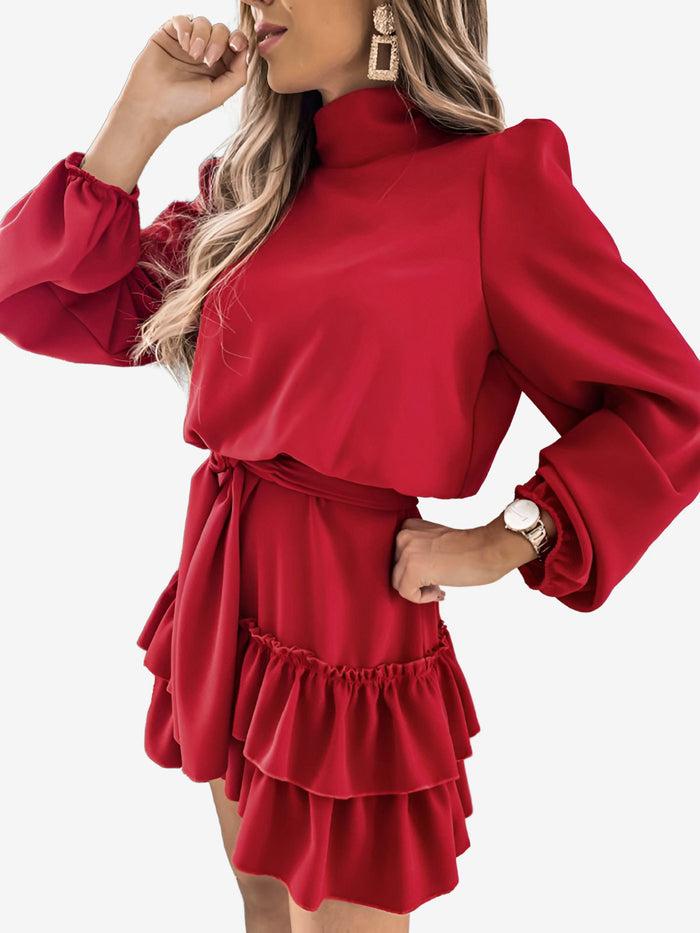 allegra k Lantern Sleeve Mock Neck Ruffled Tiered Mini Dress