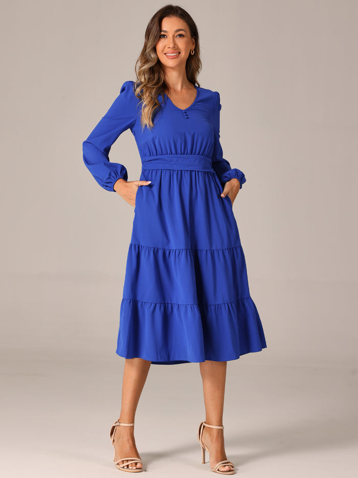 Allegra K Lantern Sleeve Pocketed Ruffled Tiered A-Line Midi Dress