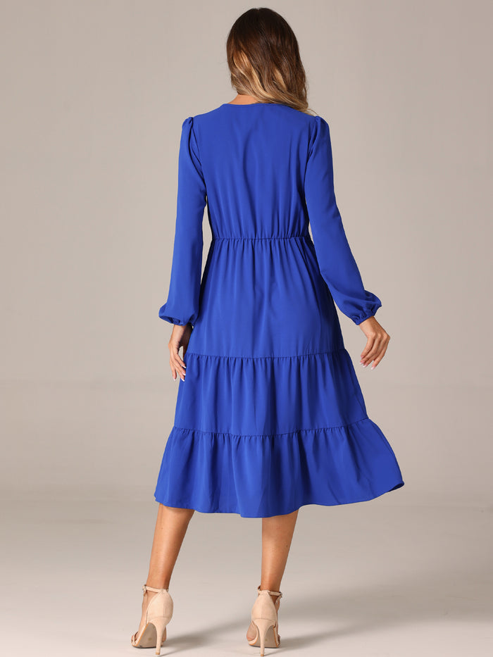 Allegra K Lantern Sleeve Pocketed Ruffled Tiered A-Line Midi Dress