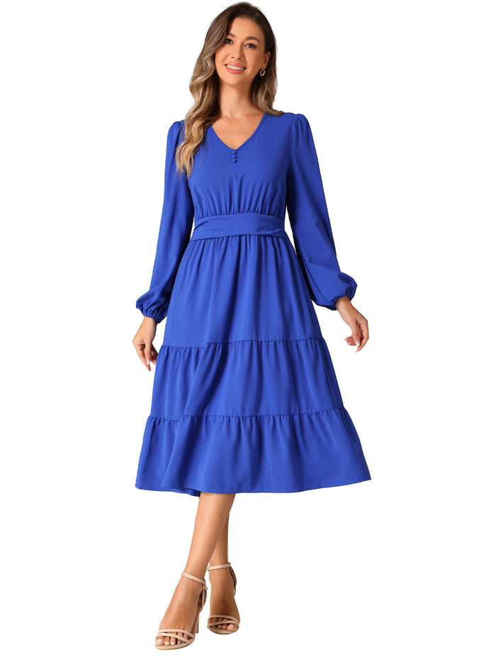 Allegra K Lantern Sleeve Pocketed Ruffled Tiered A-Line Midi Dress
