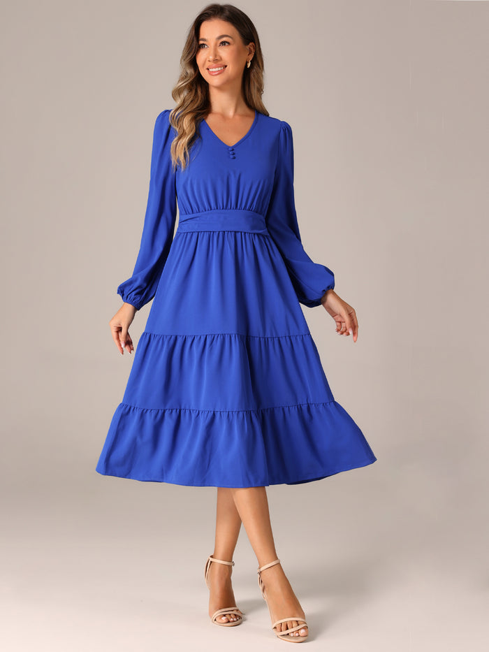 allegra k Lantern Sleeve Pocketed Ruffled Tiered A-Line Midi Dress