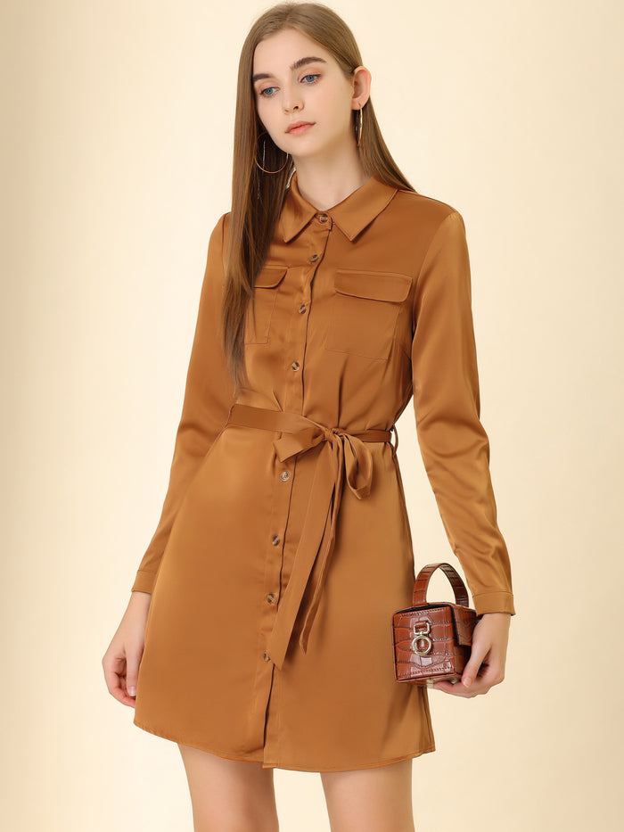 Allegra K Lapel Belt Long Sleeve Button Satin Above Knee Dress