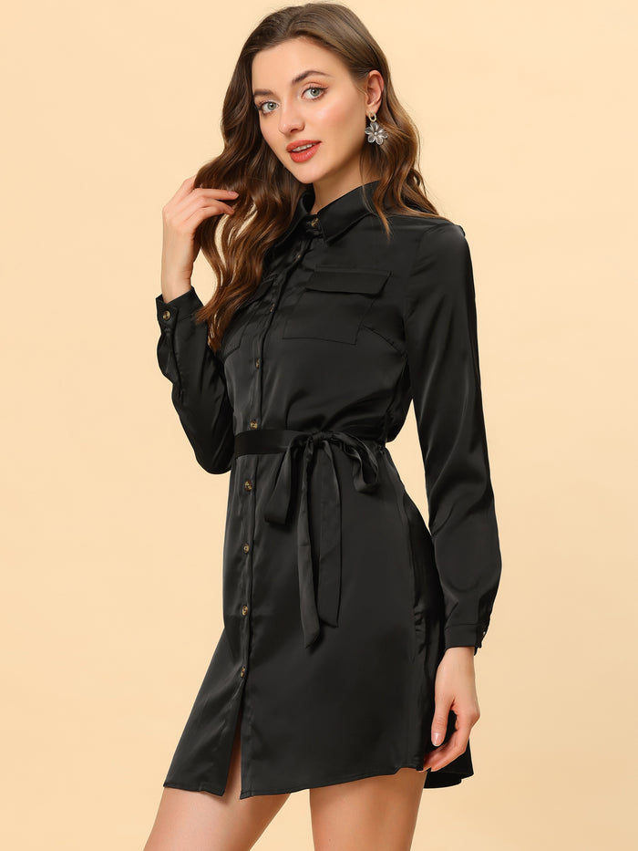Allegra K Lapel Belt Long Sleeve Button Satin Above Knee Dress