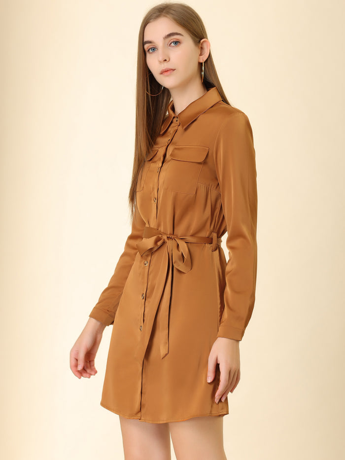 Allegra K Lapel Belt Long Sleeve Button Satin Above Knee Dress
