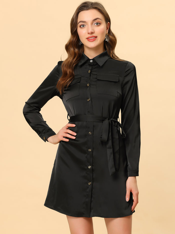 allegra k Lapel Belt Long Sleeve Button Satin Above Knee Dress