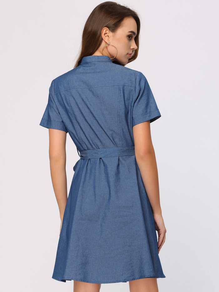 Allegra K Lapel Button Down Short Sleeve Denim Chambray Shirt Dress