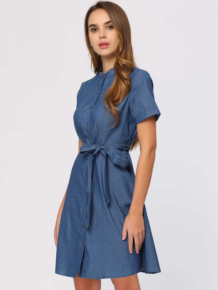allegra k Lapel Button Down Short Sleeve Denim Chambray Shirt Dress