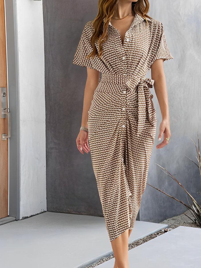 Allegra K Lapel Button Down Short Sleeves Shirt Dress