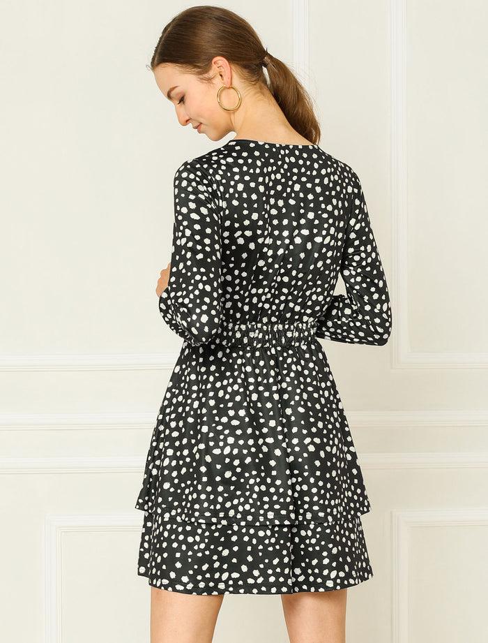 Allegra K Leopard Print Round Neck Smock Waist Long Sleeve Ruffle Mini Dress