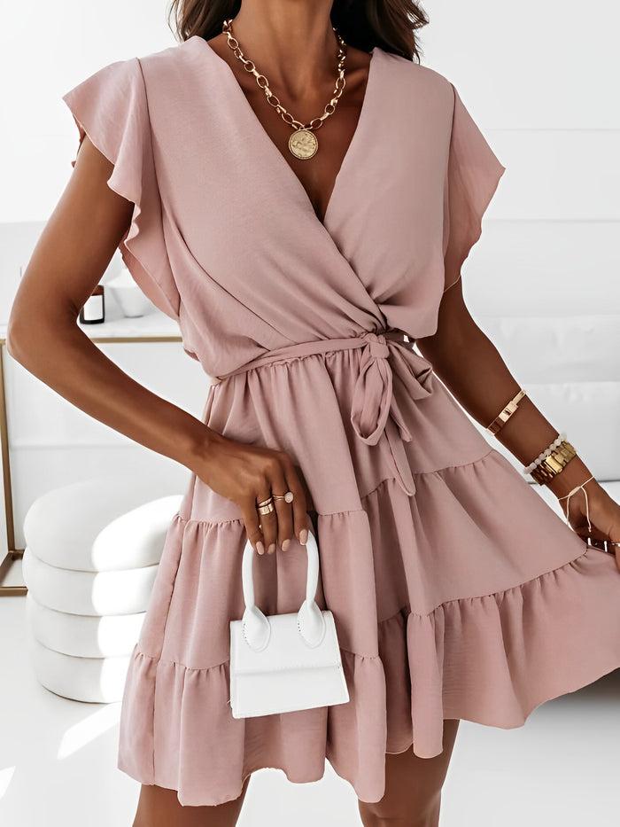 Allegra K Lightweight Chiffon Ruffled Cap Sleeves A-Line Tiered Mini Summer Vacations & Beach Parties Dress