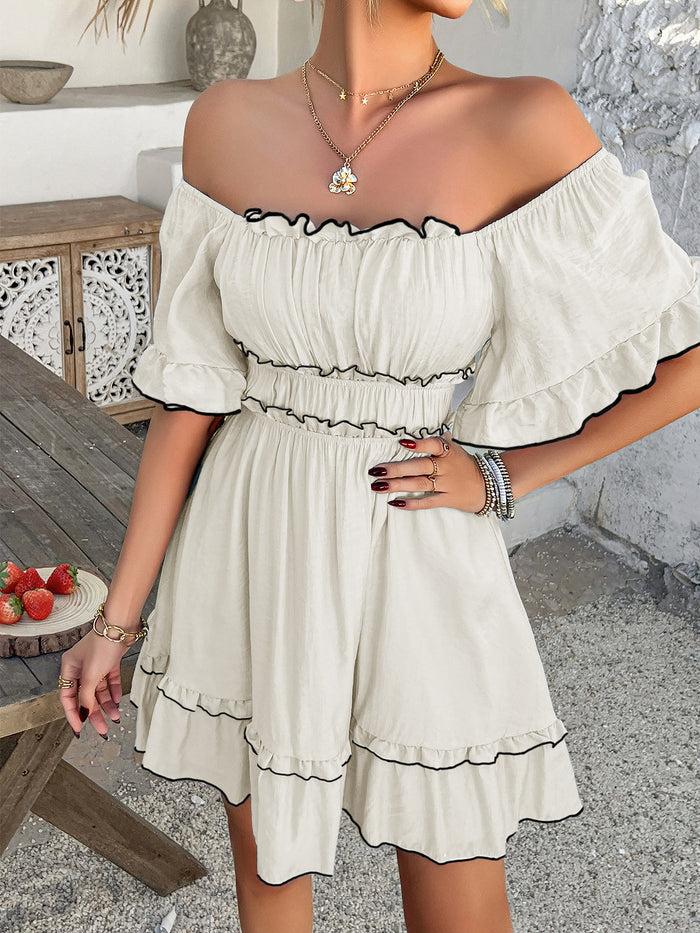 Allegra K Lightweight Chiffon Ruffled Off Shoulder Mini A-Line Casual Dress