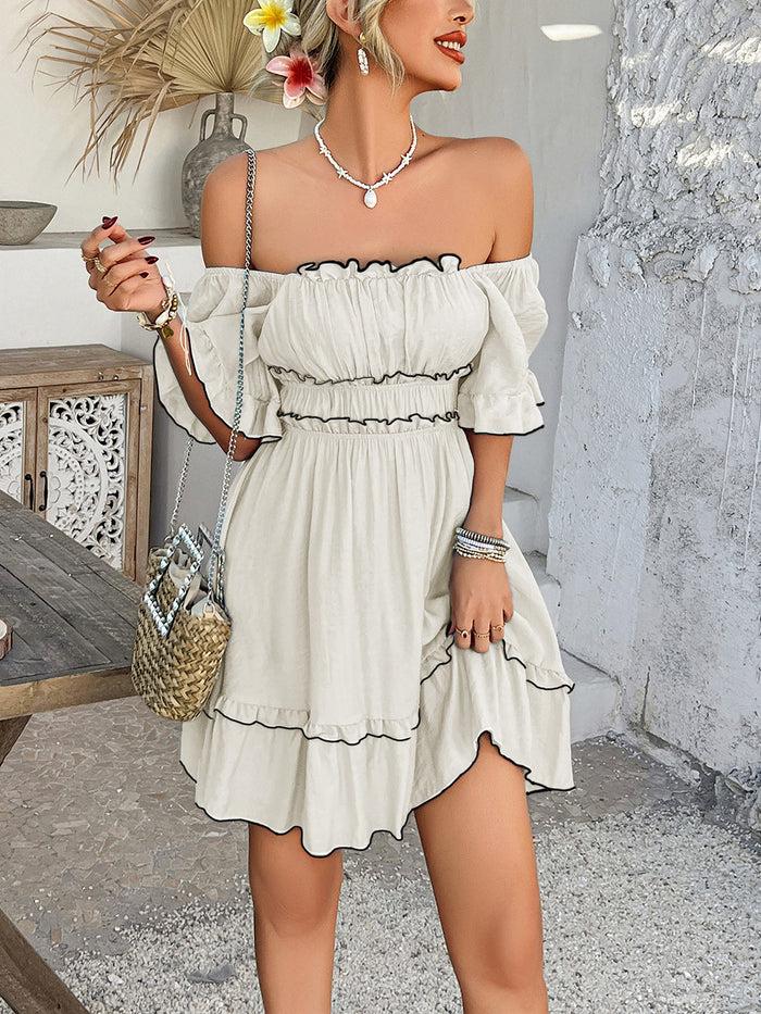 Allegra K Lightweight Chiffon Ruffled Off Shoulder Mini A-Line Casual Dress
