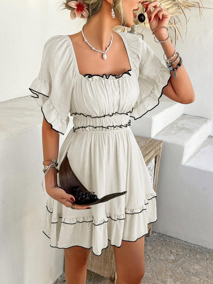 Allegra K Lightweight Chiffon Ruffled Off Shoulder Mini A-Line Casual Dress