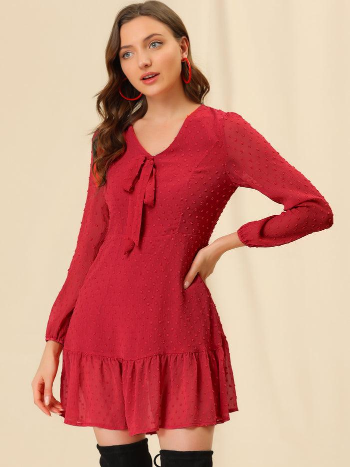 Allegra K Long Sleeve Bow Tie Decor V Neck Ruffle Hem Swiss Dot Dress