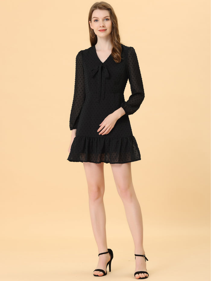 Allegra K Long Sleeve Bow Tie Decor V Neck Ruffle Hem Swiss Dot Dress