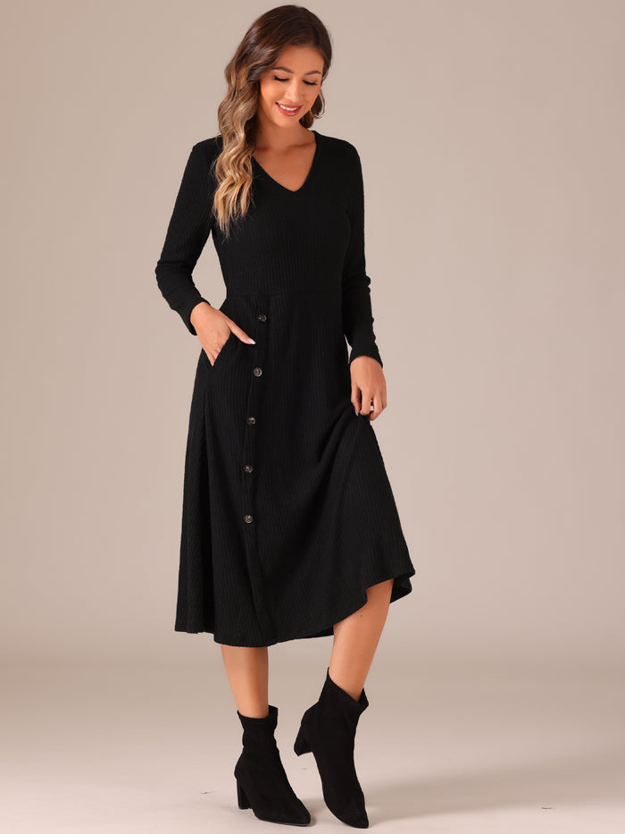 allegra k Long Sleeve Button Decor Pockets A-Line Midi Knit Sweater Dress