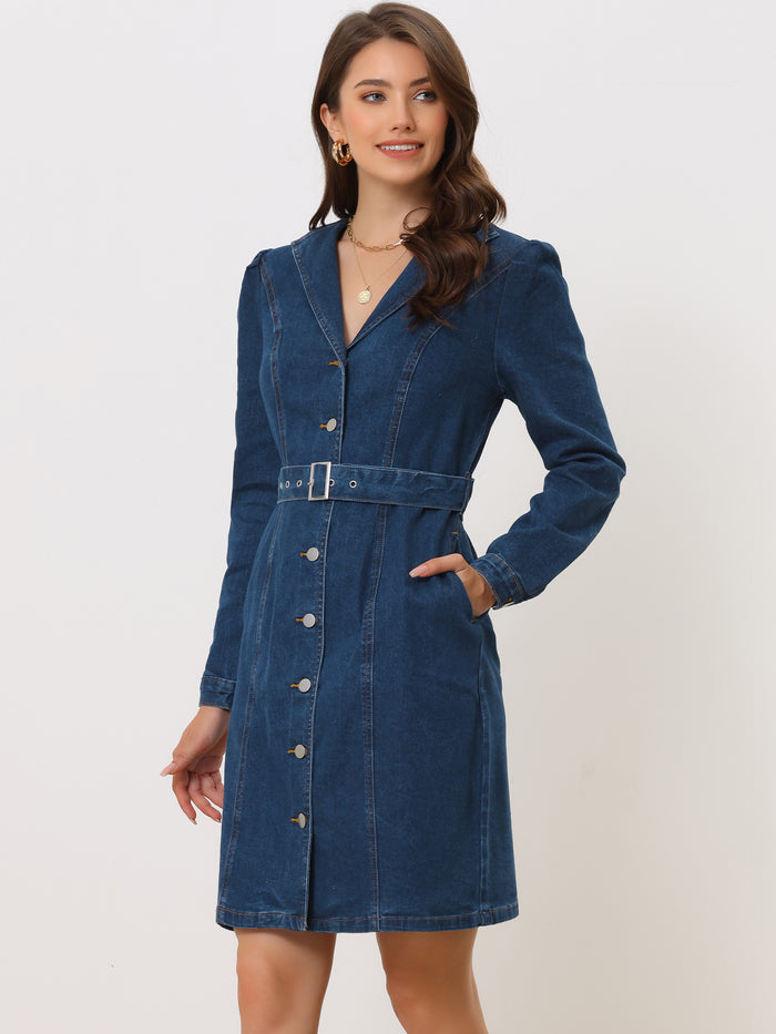 Allegra K Long Sleeve Button Down Lapel Belt Pockets Jean Denim Shirt Dress