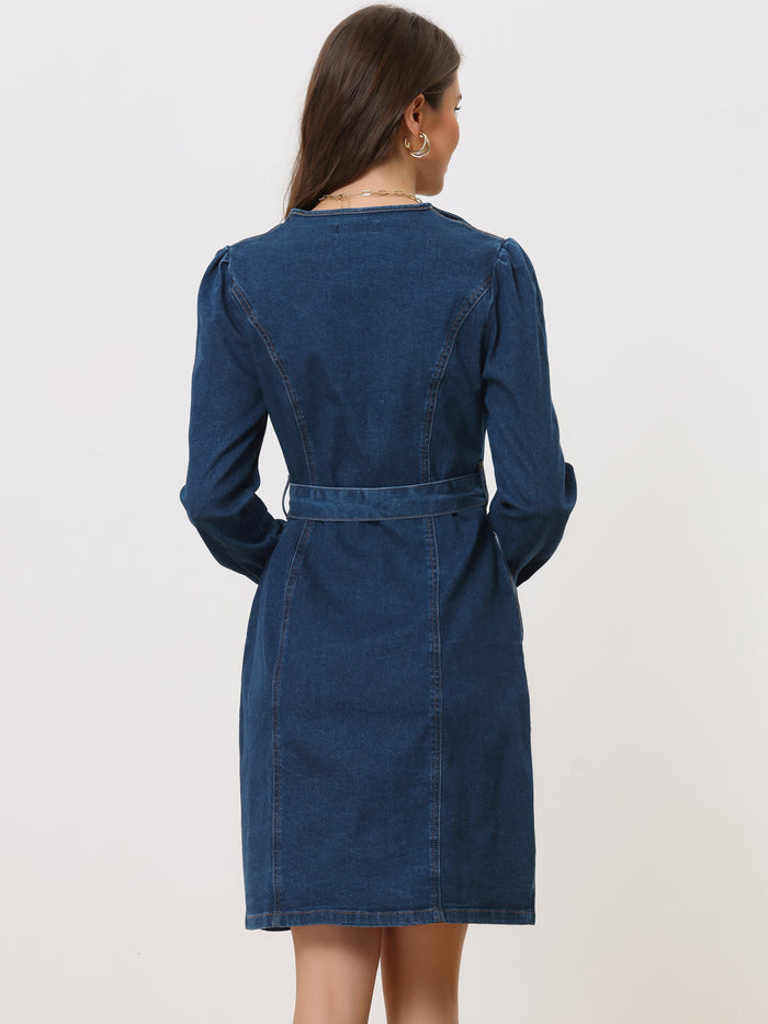 Allegra K Long Sleeve Button Down Lapel Belt Pockets Jean Denim Shirt Dress