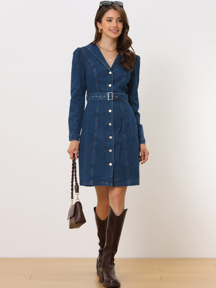 allegra k Long Sleeve Button Down Lapel Belt Pockets Jean Denim Shirt Dress