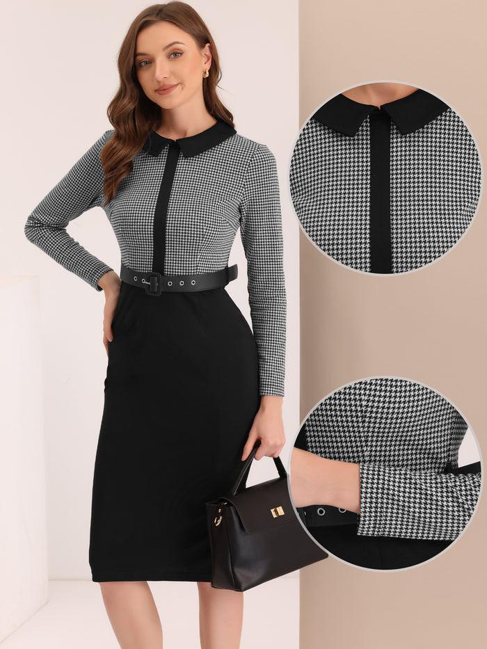 Allegra K Long Sleeve Contrast Placket Houndstooth Print Bodycon Dress
