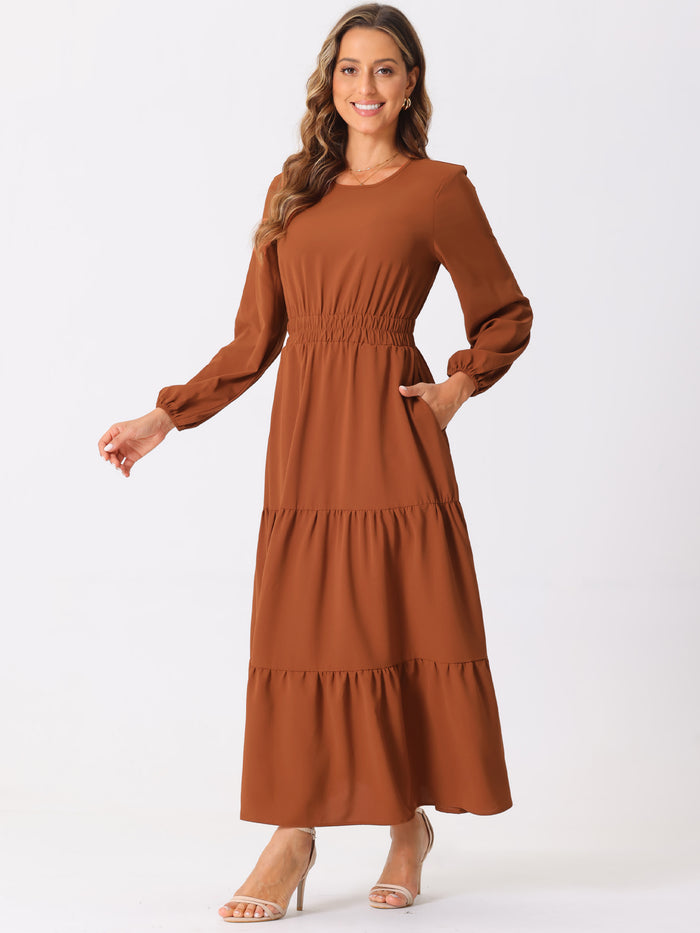 Allegra K Long Sleeve Crew Neck Pocketed Tiered Maxi Dress