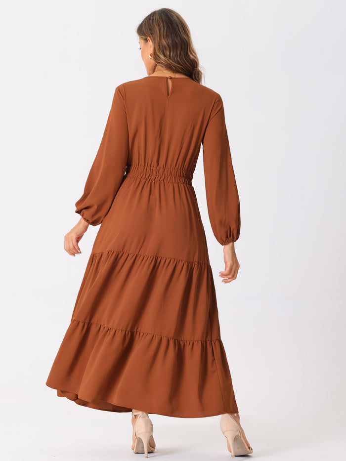 Allegra K Long Sleeve Crew Neck Pocketed Tiered Maxi Dress