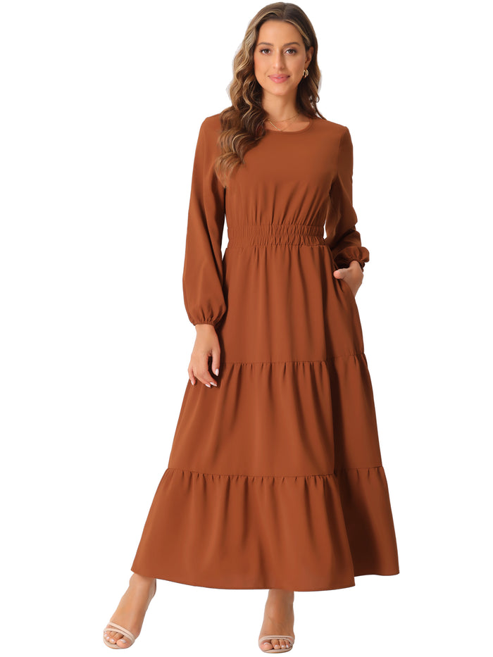Allegra K Long Sleeve Crew Neck Pocketed Tiered Maxi Dress