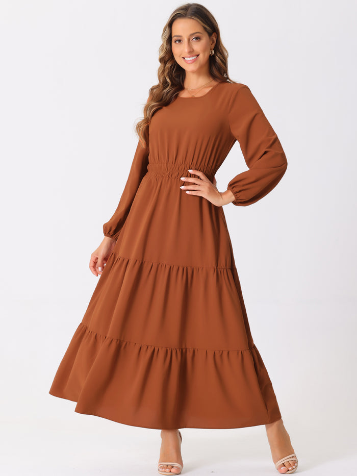 allegra k Long Sleeve Crew Neck Pocketed Tiered Maxi Dress