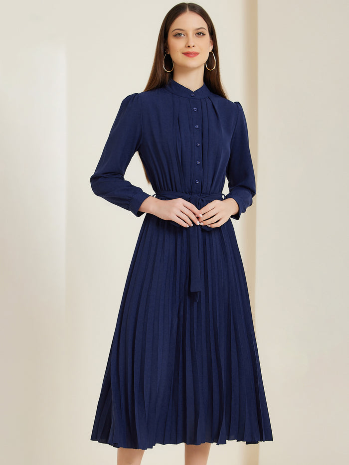 Allegra K Long Sleeve Mock Neck A-Line Midi Pleated Shirt Dress