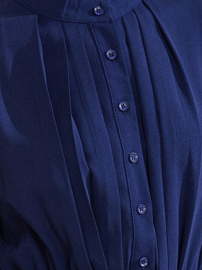 Allegra K Long Sleeve Mock Neck A-Line Midi Pleated Shirt Dress