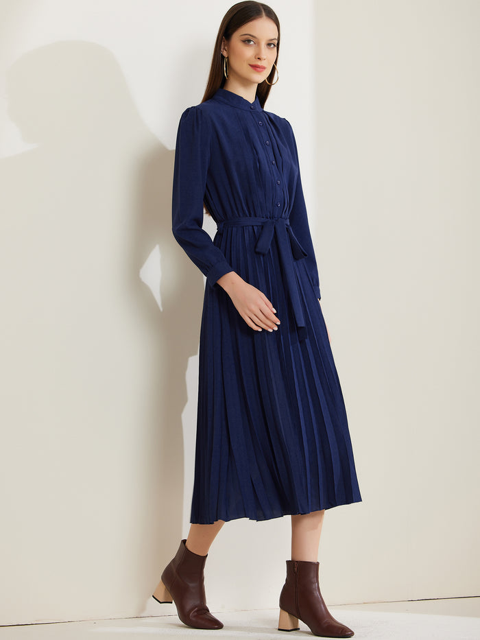 allegra k Long Sleeve Mock Neck A-Line Midi Pleated Shirt Dress